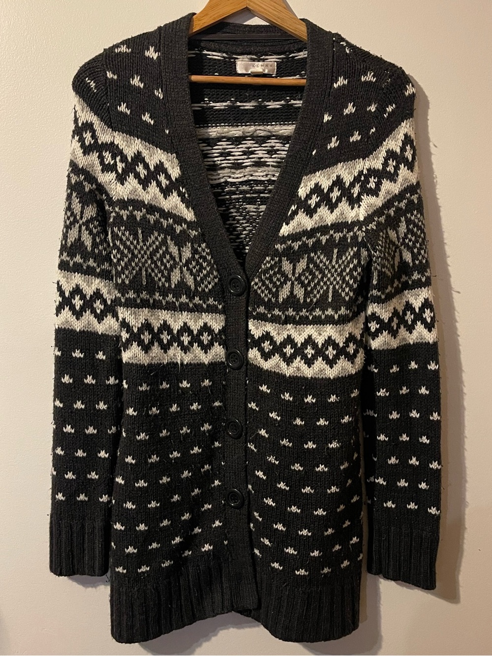 Kenar Fair Isle Knit Long Button Cardigan Sweater Black White M